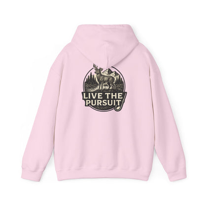 Pink colored Rack & River Outdoors hoodie with Live The Pursuit circular deer antler design.