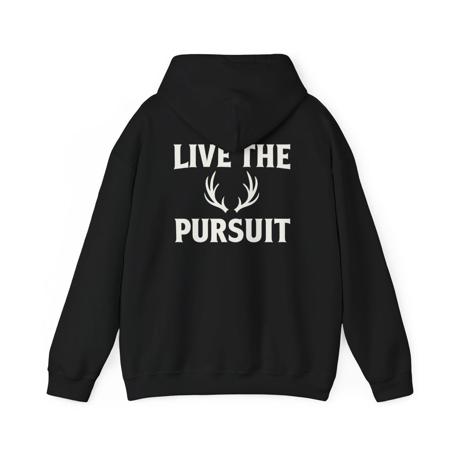 Gray Christian hoodie with large ‘Live The Pursuit’ antler graphic by Rack & River Outdoors.