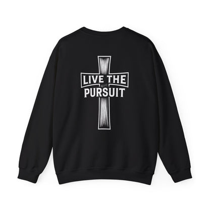 Black Christian crewneck with ‘Live The Pursuit’ cross design by Rack & River Outdoors.