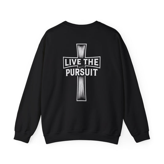 Black Christian crewneck with ‘Live The Pursuit’ cross design by Rack & River Outdoors.