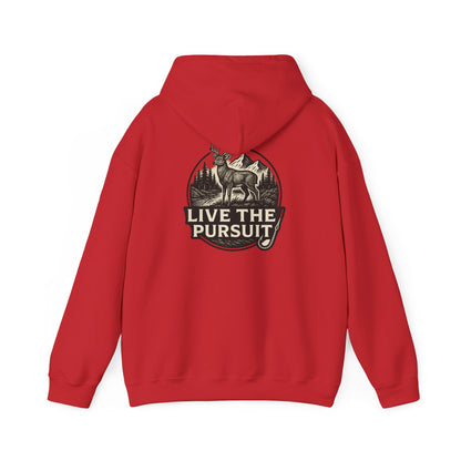 Red colored Rack & River Outdoors hoodie with Live The Pursuit circular deer antler design.