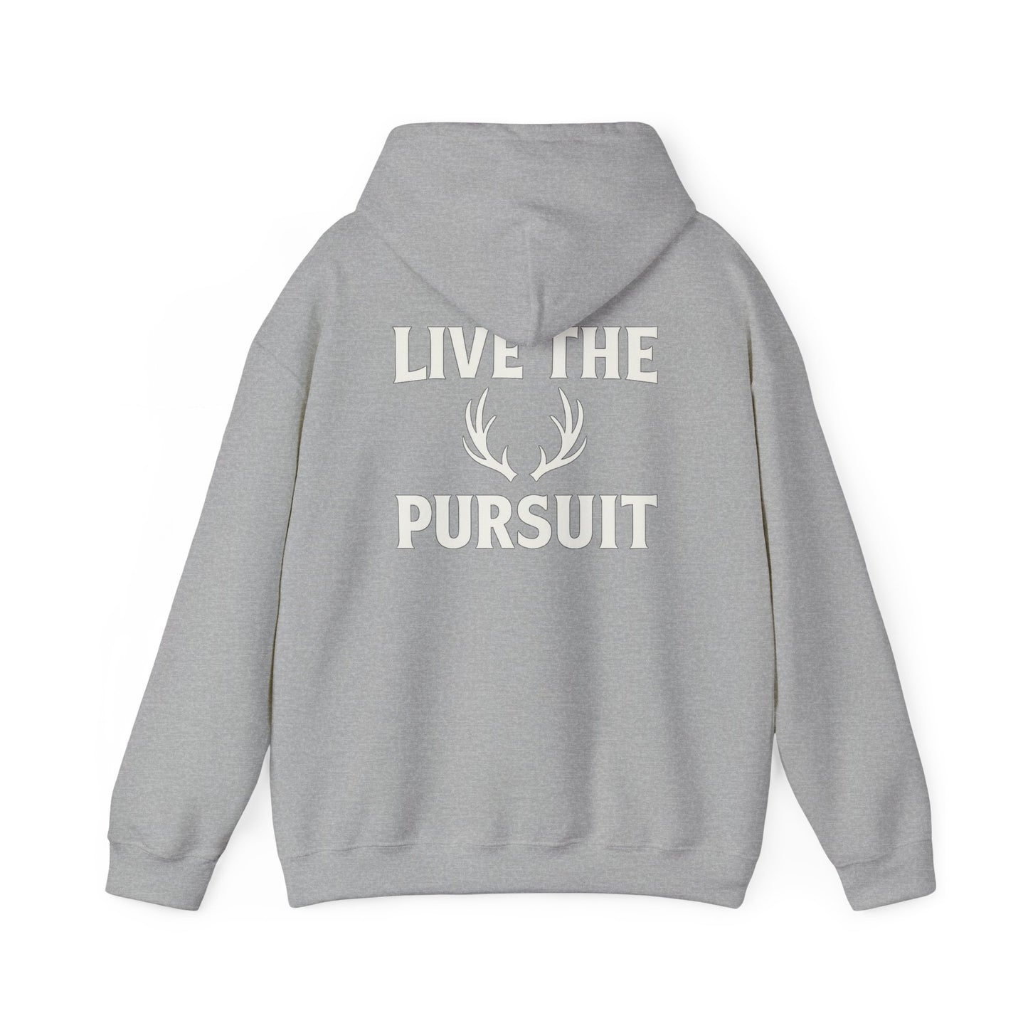 Gray Christian hoodie with large ‘Live The Pursuit’ antler graphic by Rack & River Outdoors.