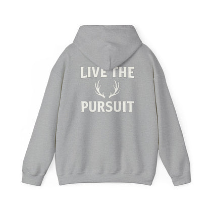 Gray Christian hoodie with large ‘Live The Pursuit’ antler graphic by Rack & River Outdoors.