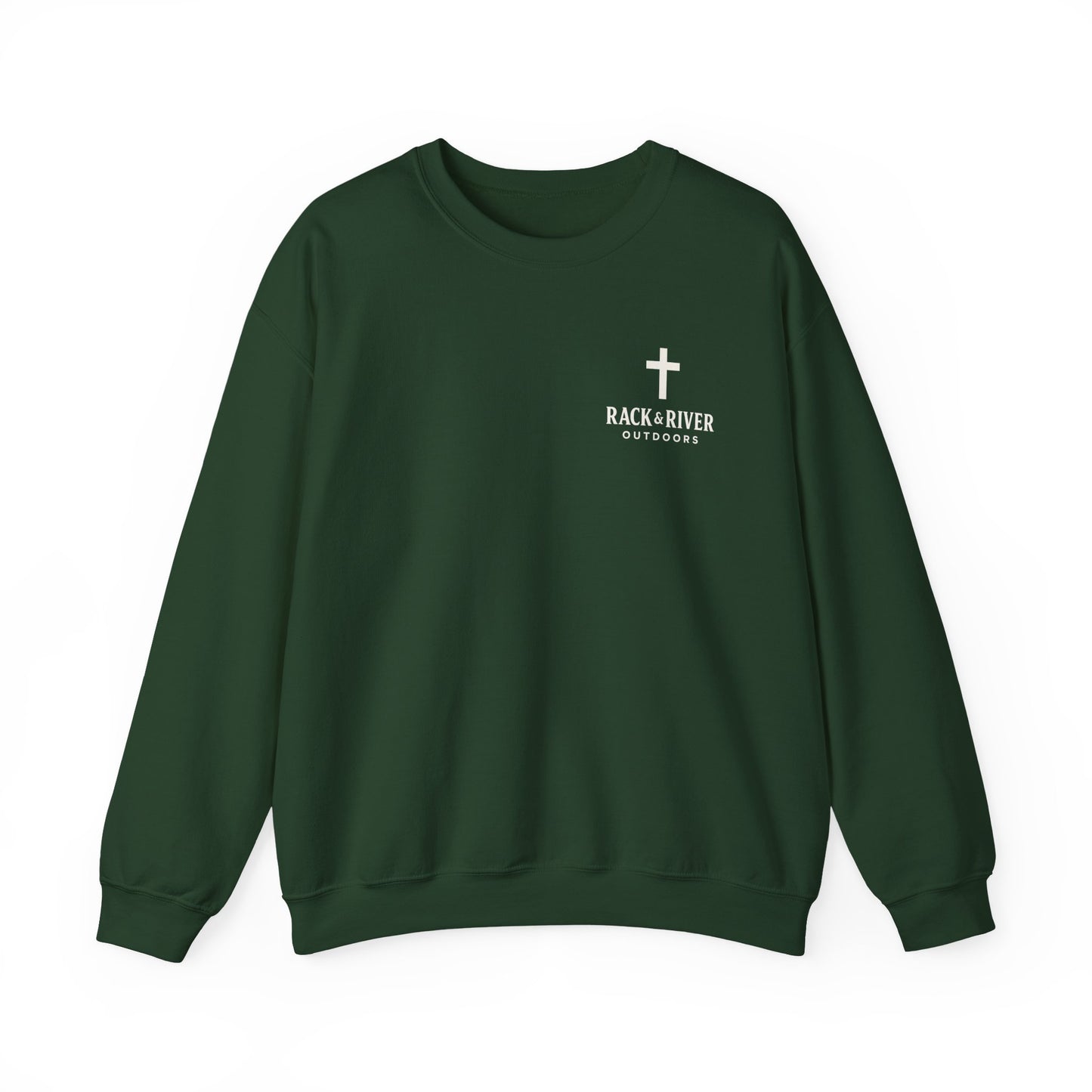 Green unisex crewneck with Rack & River Outdoors chest logo.