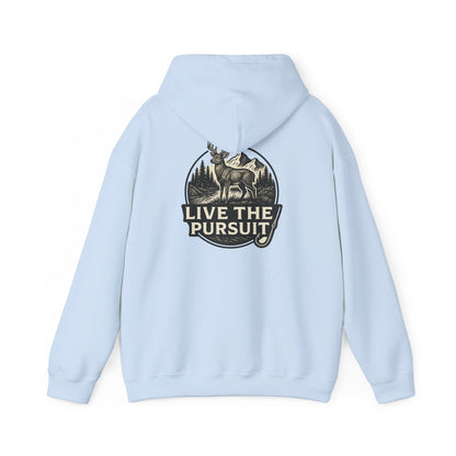 Light Blue colored Rack & River Outdoors hoodie with Live The Pursuit circular deer antler design.