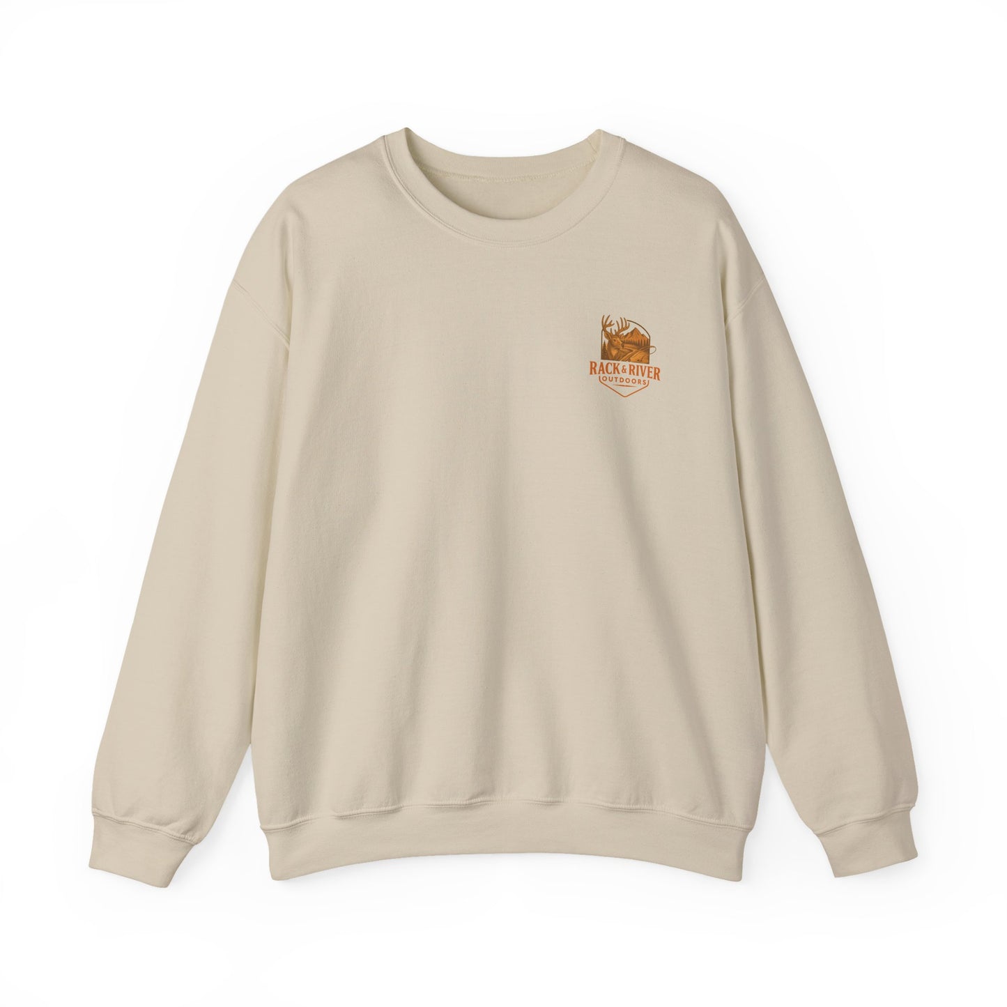 Tan Christian crewneck with small Rack & River Outdoors chest logo on a white background.