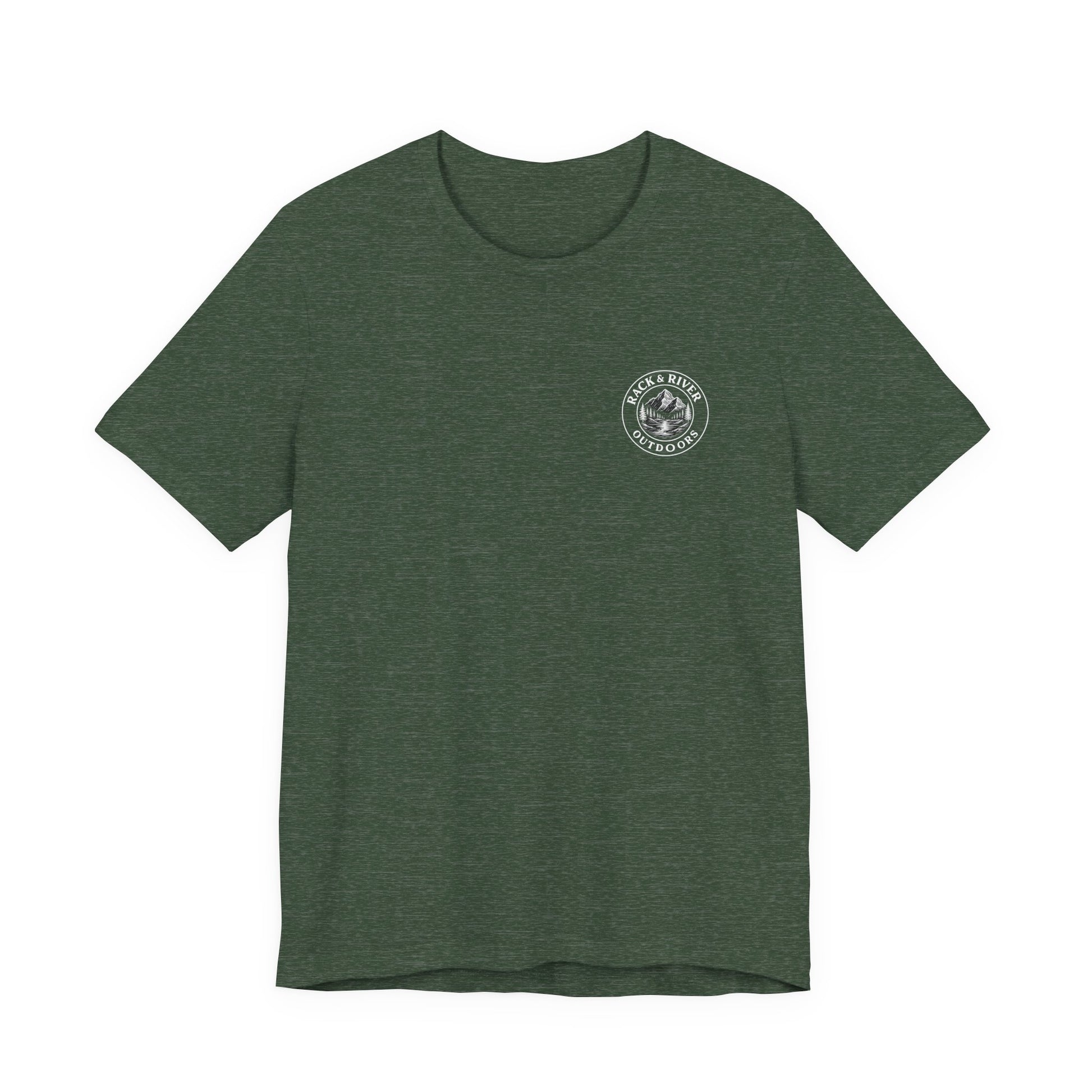 Green Rack & River Outdoors t-shirt with small outdoor chest emblem.