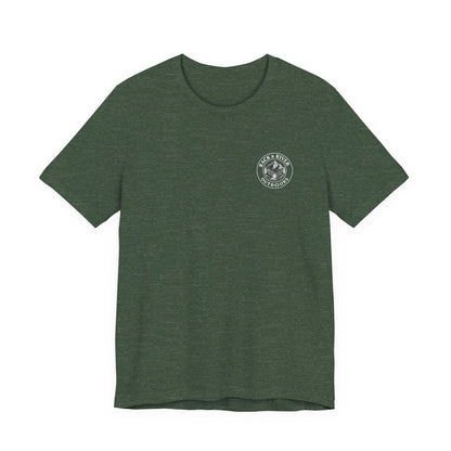 Green Rack & River Outdoors t-shirt with small outdoor chest emblem.