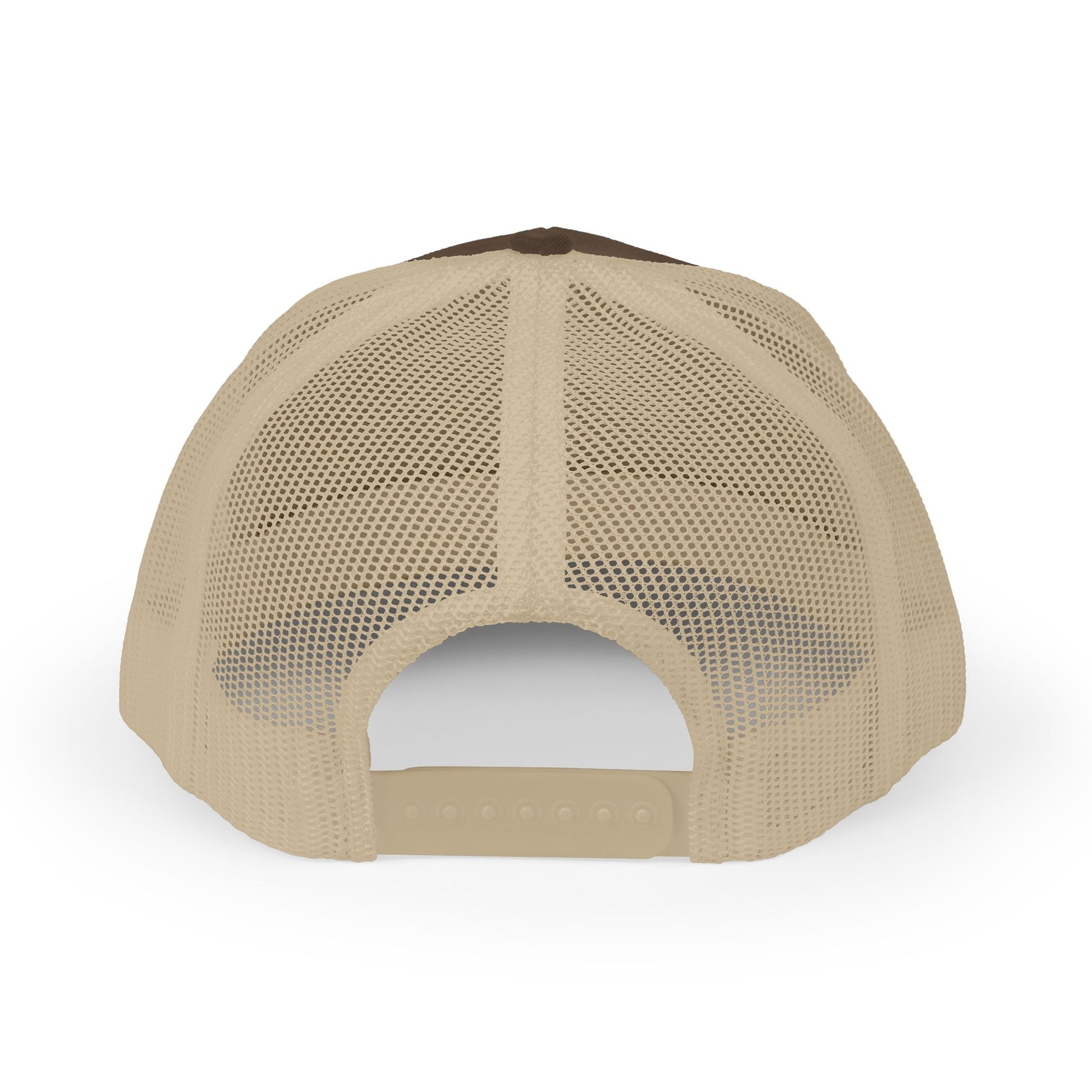 Back view of tan and brown Rack & River Outdoors mesh trucker cap 