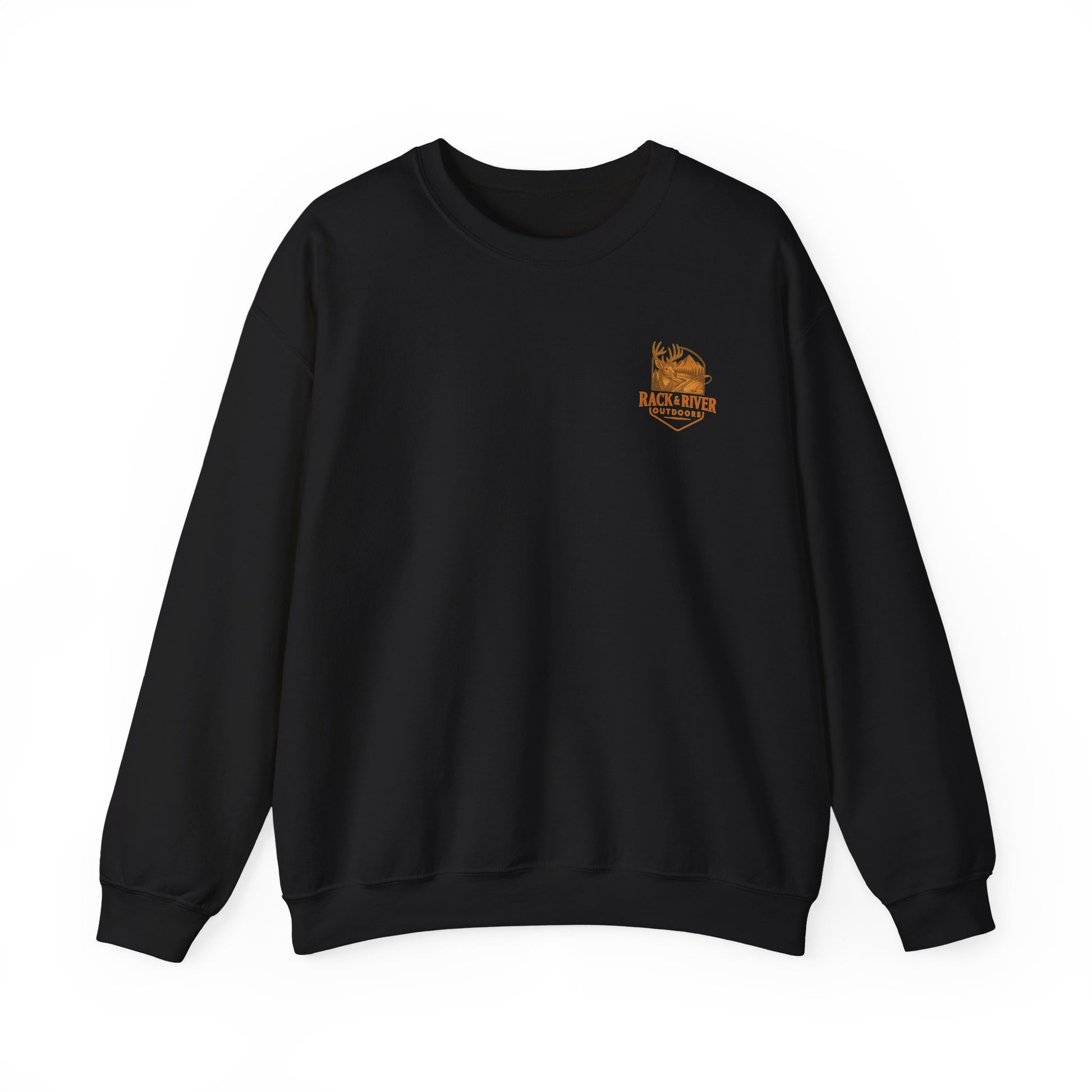 Black Christian crewneck with small Rack & River Outdoors chest logo on a white background.