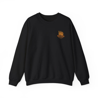 Black Christian crewneck with small Rack & River Outdoors chest logo on a white background.