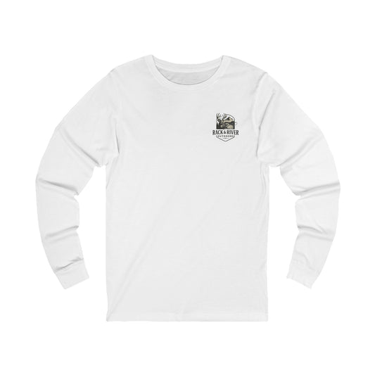 White long sleeve shirt with Rack & River Outdoors chest logo.