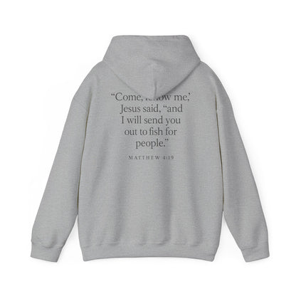 Gray Rack & River Outdoors hoodie with Matthew 4:19 scripture saying ‘Come, follow me’ and fishing-for-people design.