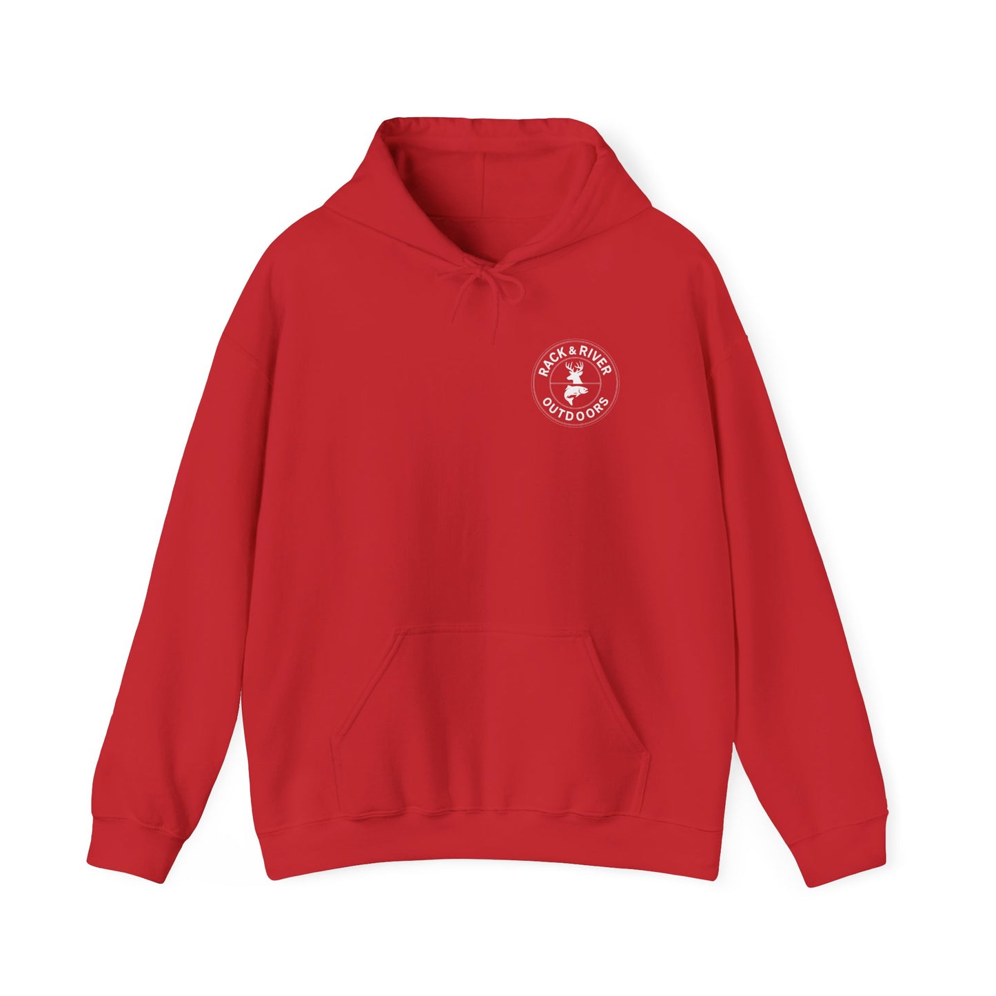 Red hoodie with small front chest Rack & River Outdoors logo.