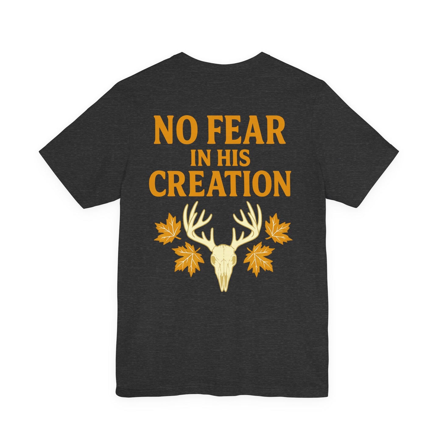 Gray ‘No Fear in His Creation’ Christian hunting t-shirt with yellow deer antler skull design, product mockup on white background.