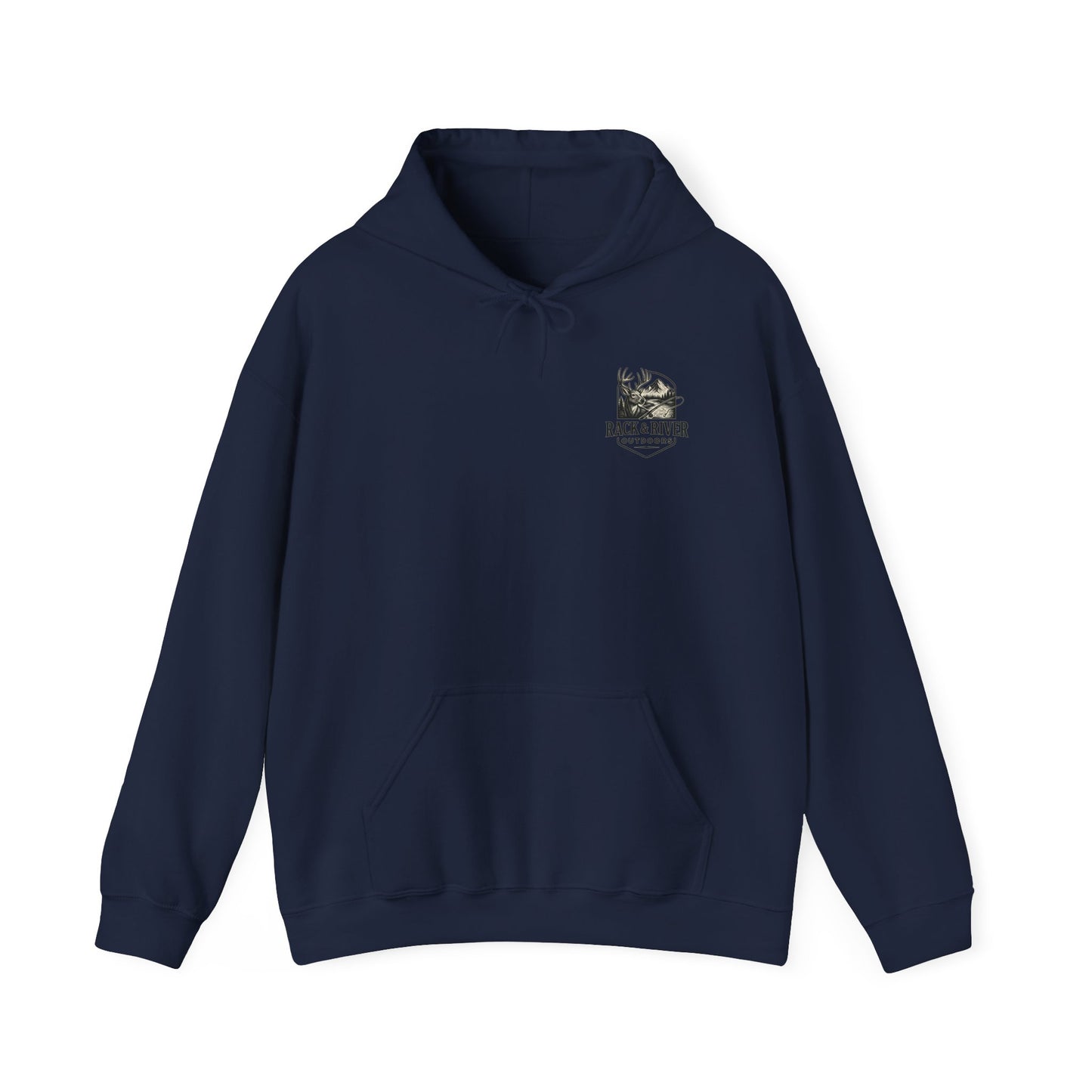 Navy hoodie with small Rack & River Outdoors chest logo, Christian outdoor apparel.