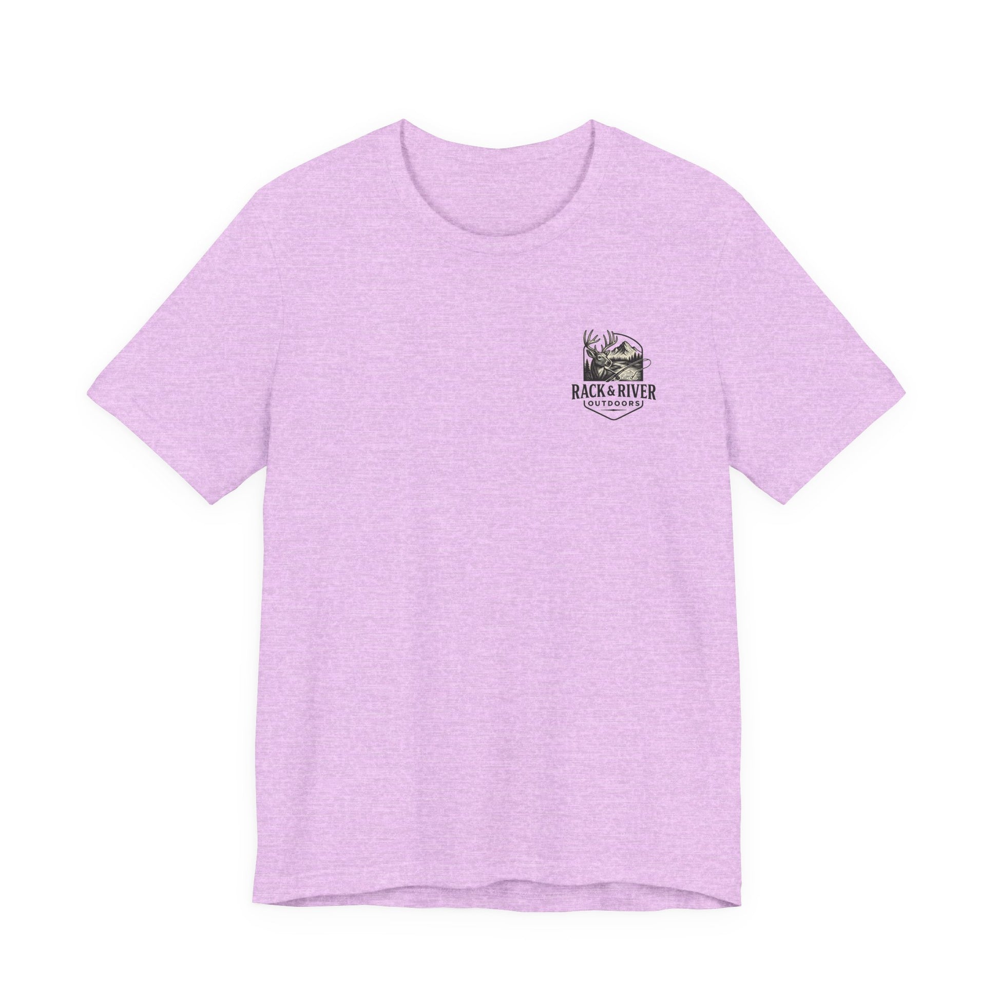 Pink Rack & River Outdoors t-shirt with small antler emblem on the chest.