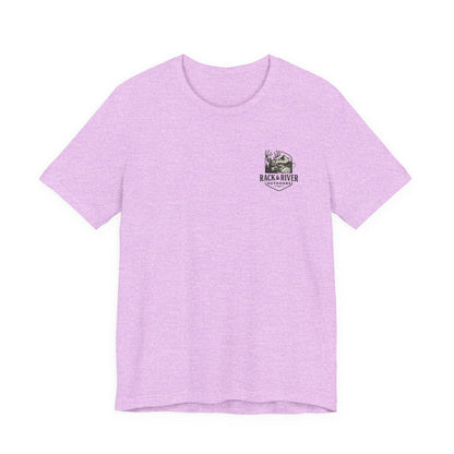 Pink Rack & River Outdoors t-shirt with small antler emblem on the chest.