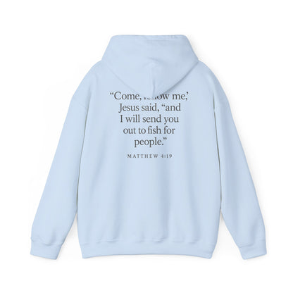 Light Blue Rack & River Outdoors hoodie with Matthew 4:19 scripture saying ‘Come, follow me’ and fishing-for-people design.