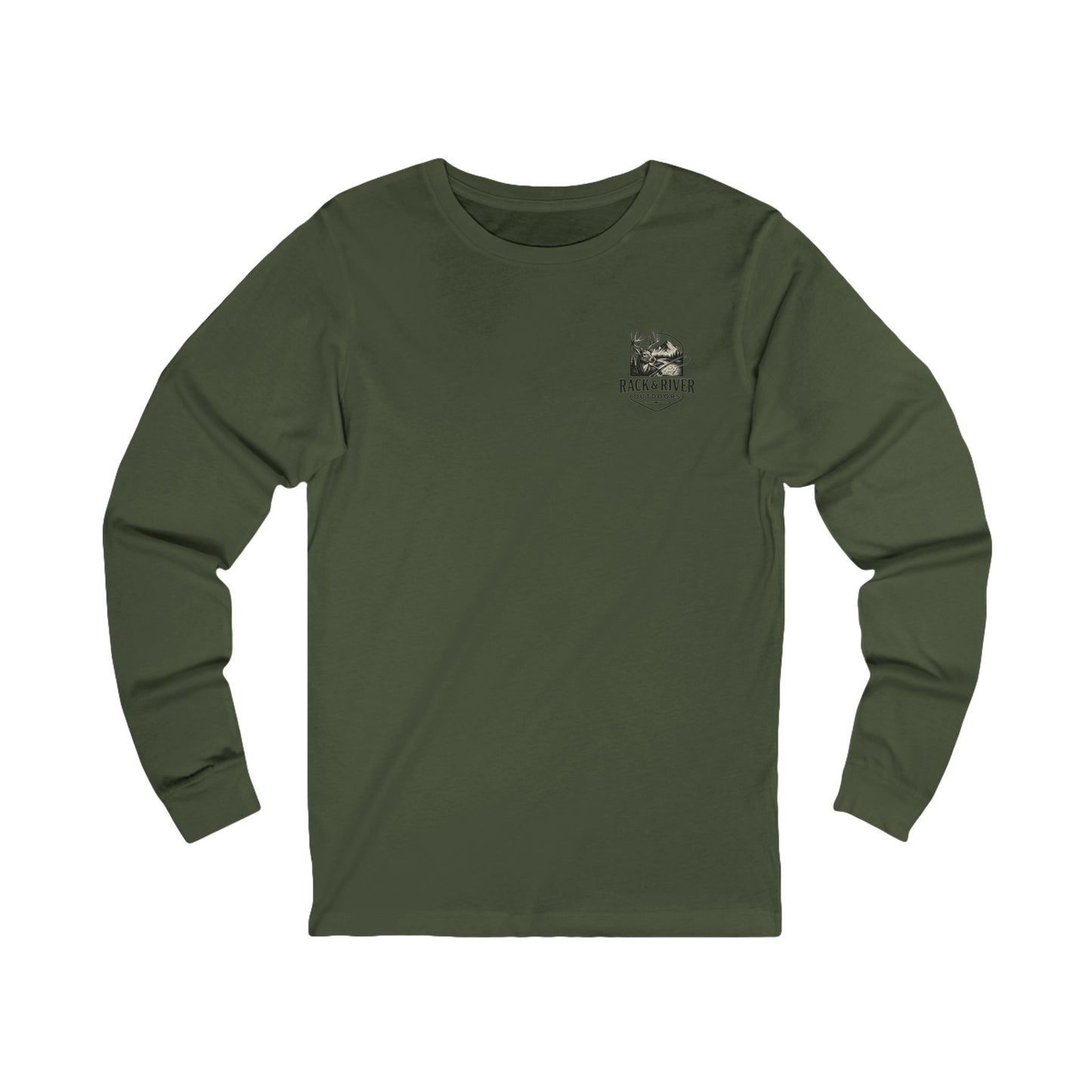Green long sleeve shirt with Rack & River Outdoors chest logo.