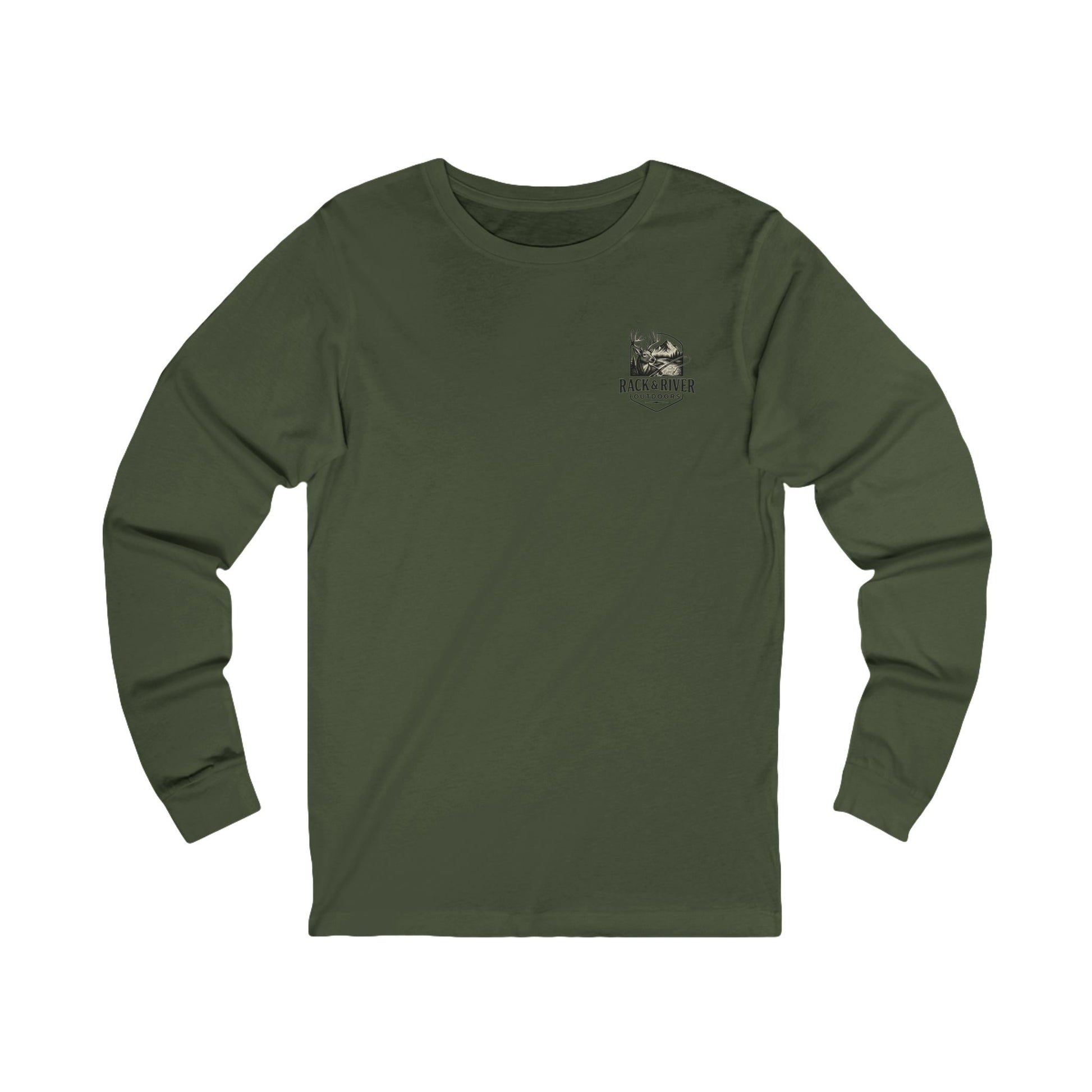 Green long sleeve shirt with Rack & River Outdoors chest logo.