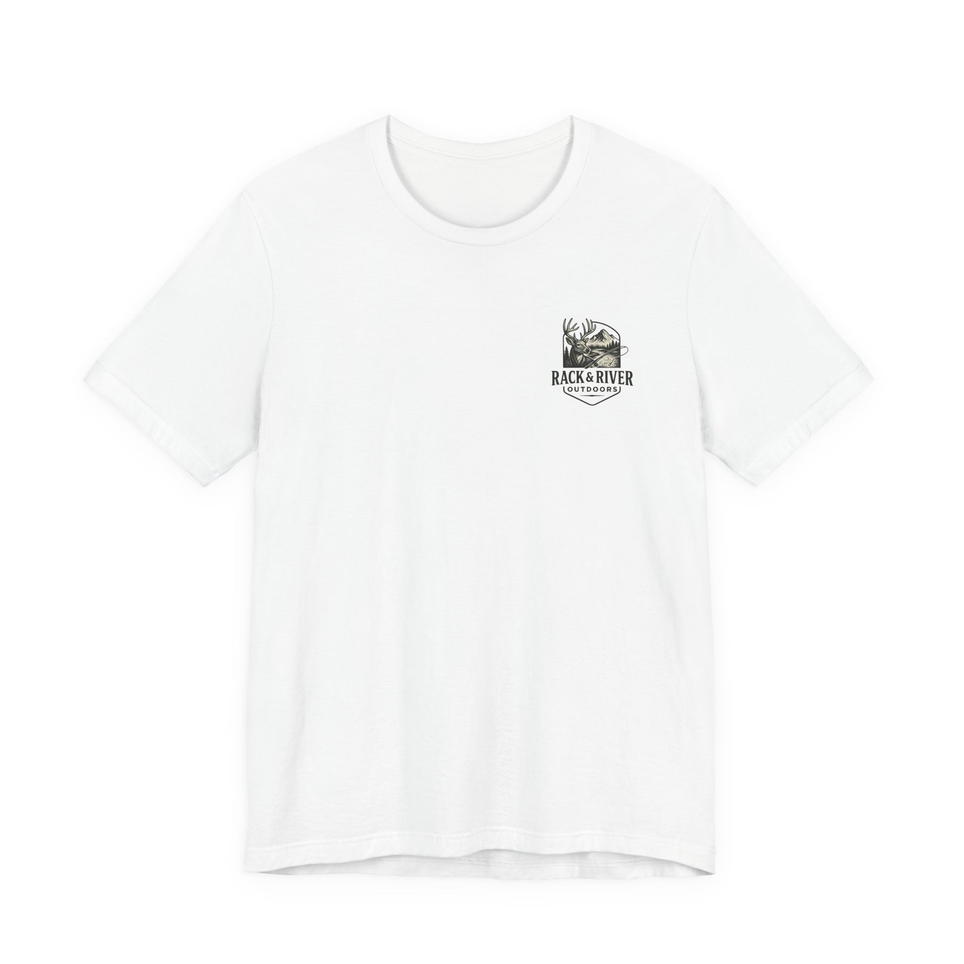 White Rack & River Outdoors t-shirt with small antler emblem on the chest.