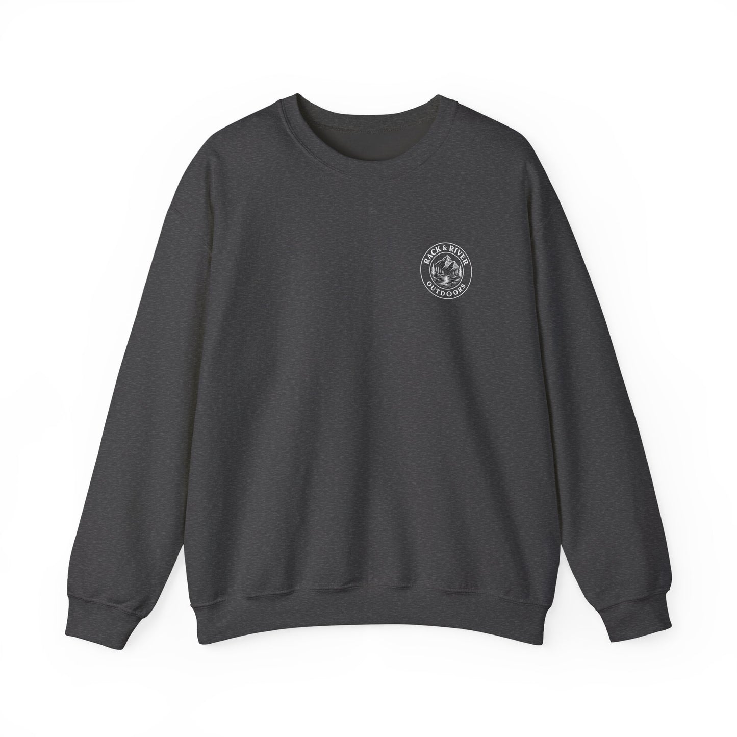 Gray crewneck with small Rack & River Outdoors chest logo.
