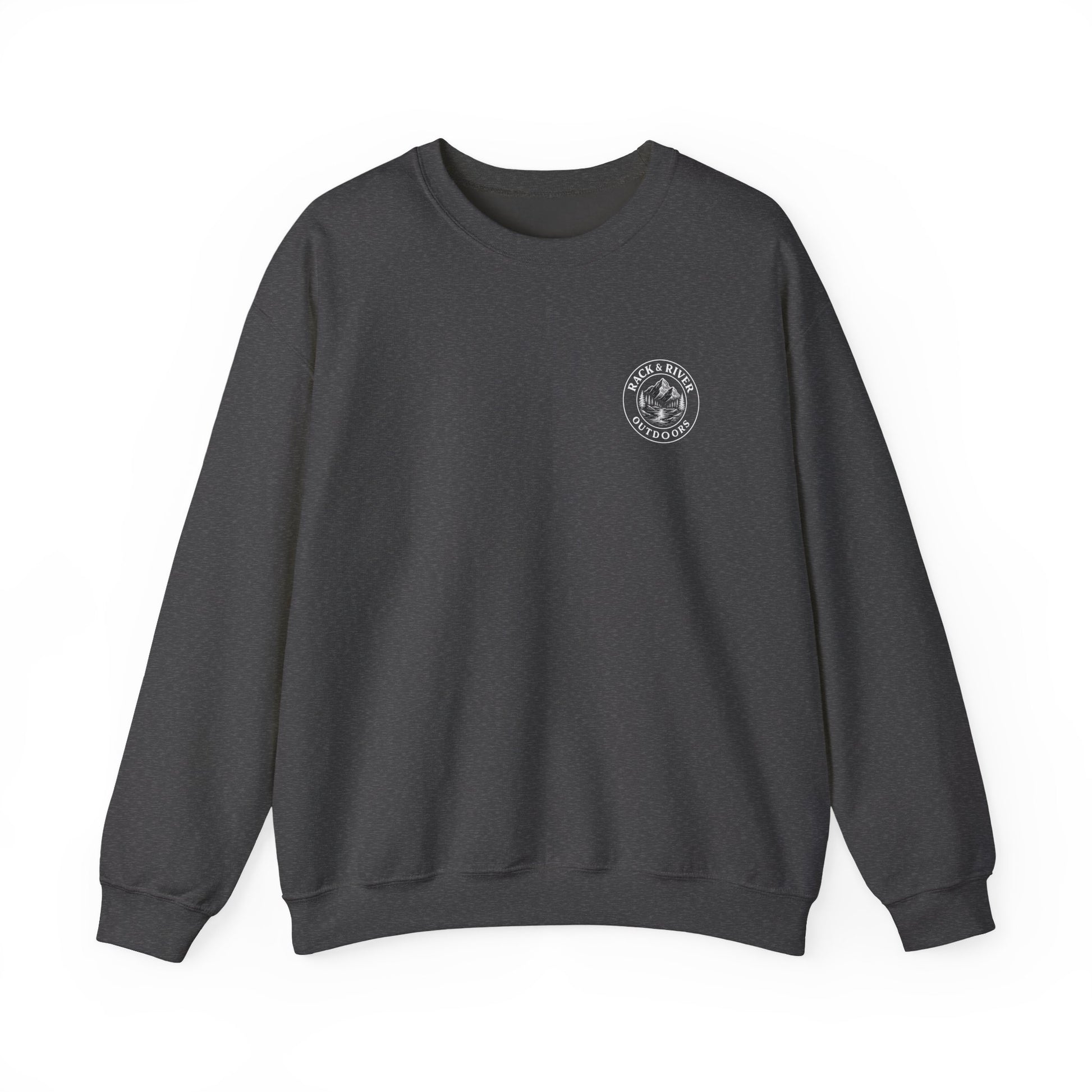 Gray crewneck with small Rack & River Outdoors chest logo.