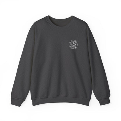 Gray crewneck with small Rack & River Outdoors chest logo.