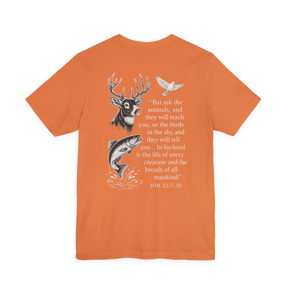 Orange t-shirt with Rack & River Outdoors ‘Ask the Animals’ Job 12:7-10 deer, fish, and bird design on the back.