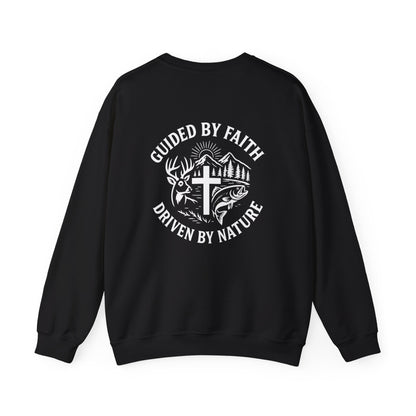 Black Christian crewneck with ‘Guided by Faith, Driven by Nature’ cross and antler design by Rack & River Outdoors.