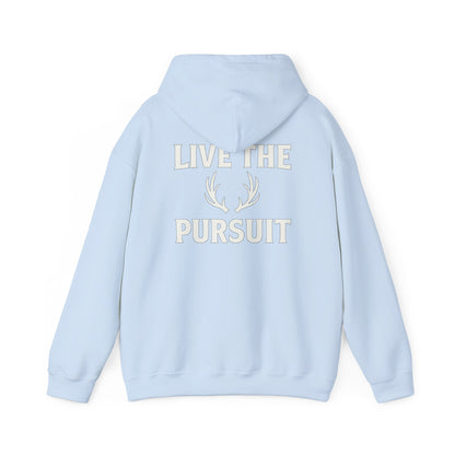 Light Blue Christian hoodie with large ‘Live The Pursuit’ antler graphic by Rack & River Outdoors.
