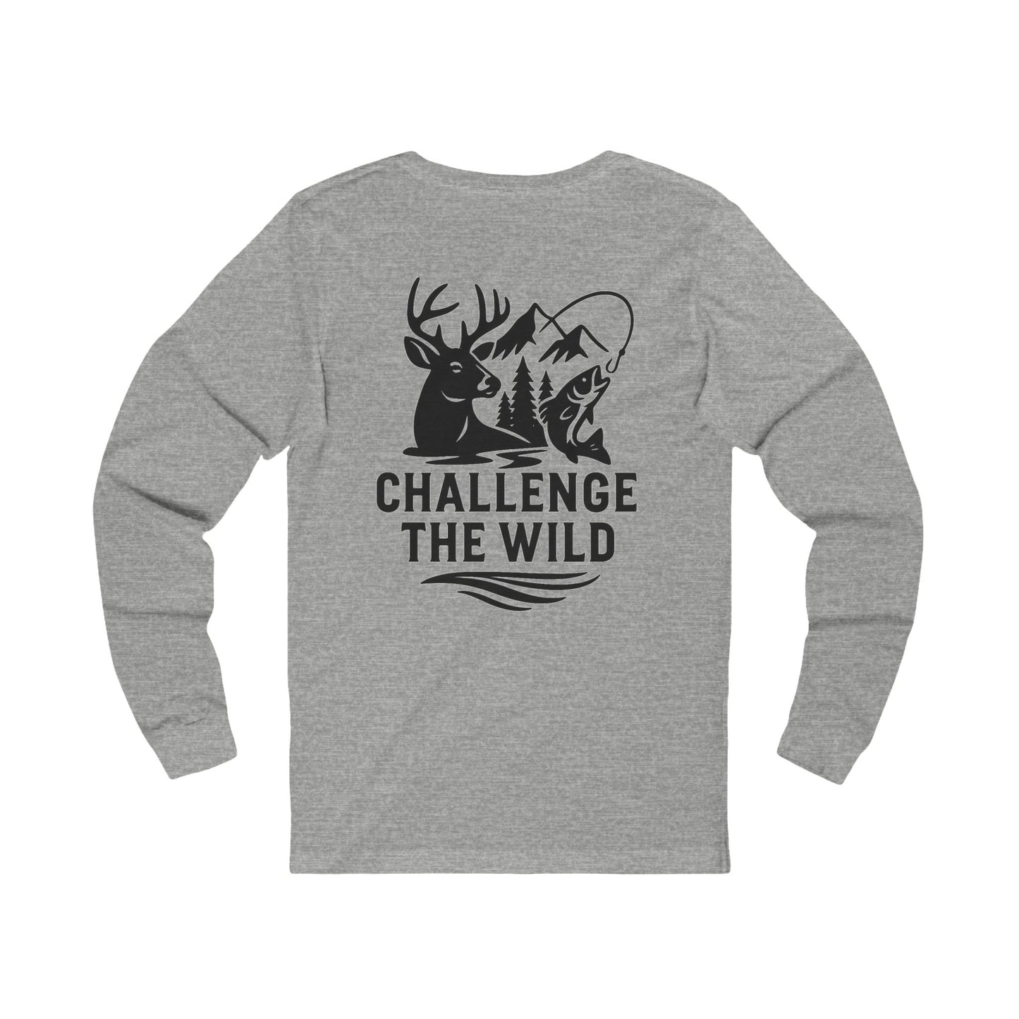 Gray long sleeve shirt with black “Challenge the Wild” deer and wilderness graphic.