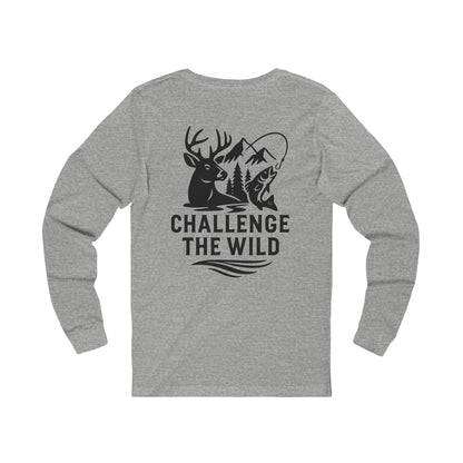 Gray long sleeve shirt with black “Challenge the Wild” deer and wilderness graphic.
