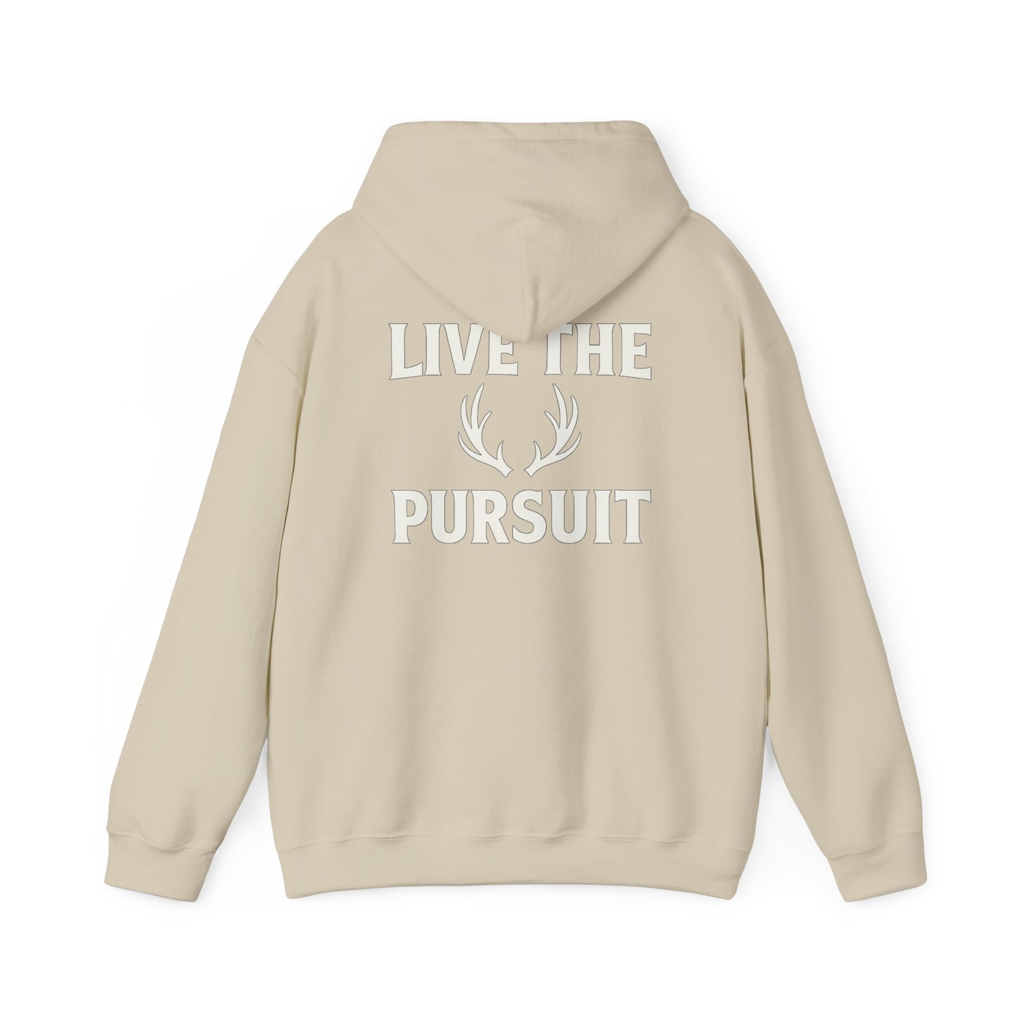 Tan Christian hoodie with large ‘Live The Pursuit’ antler graphic by Rack & River Outdoors.