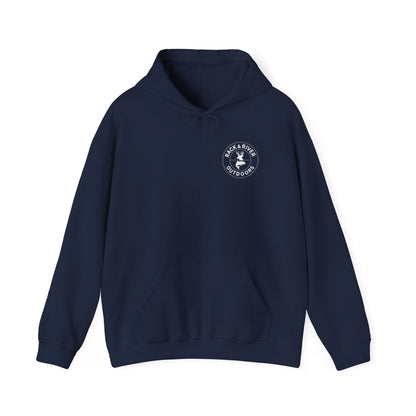 Navy hoodie with small front chest Rack & River Outdoors logo.