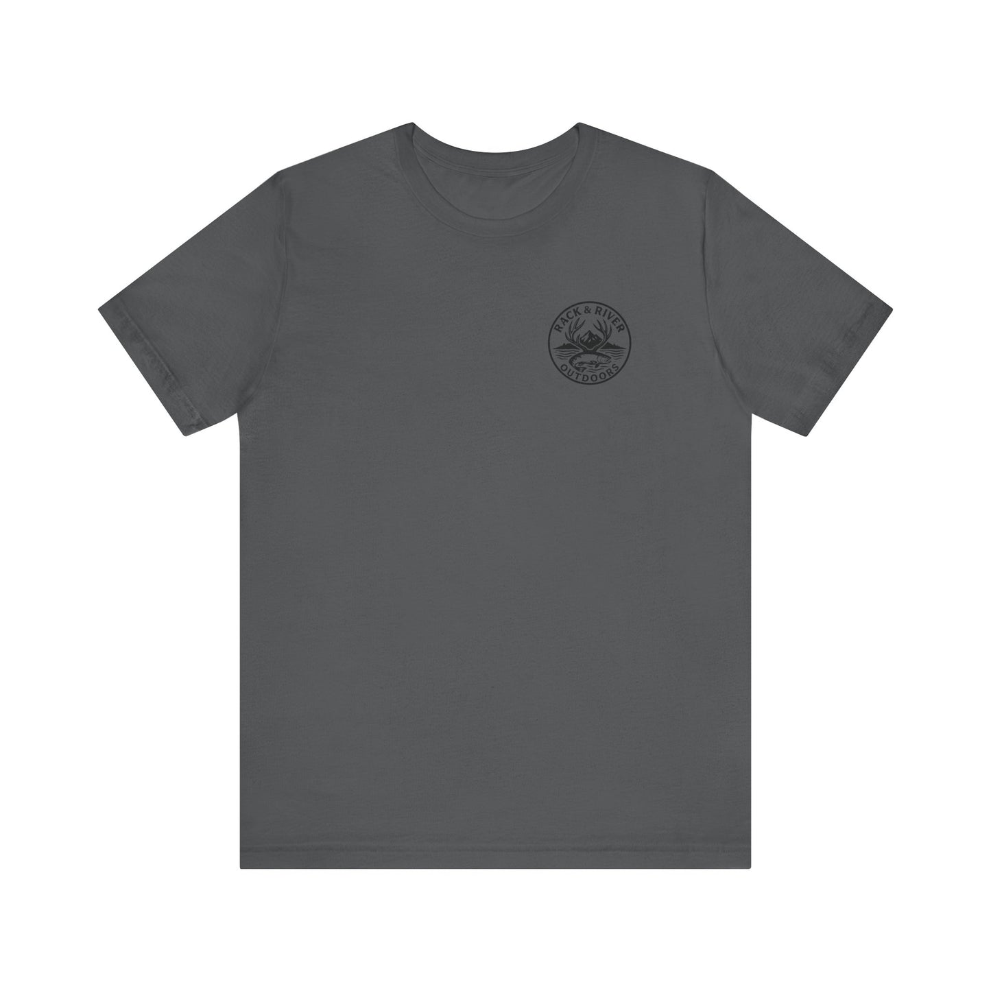 Gray Rack & River Outdoors t-shirt with small compass chest logo.