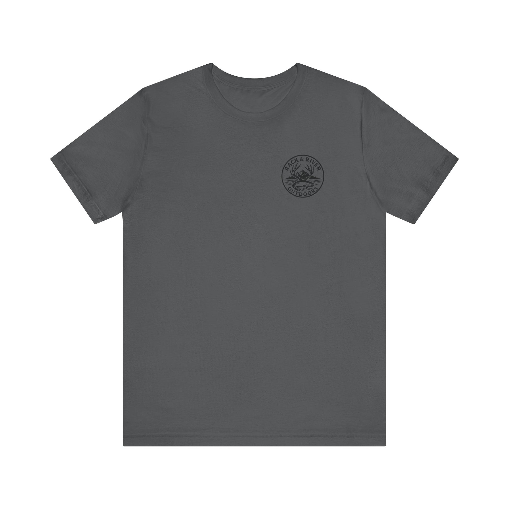 Gray Rack & River Outdoors t-shirt with small compass chest logo.