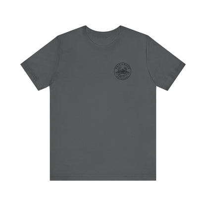 Gray Rack & River Outdoors t-shirt with small compass chest logo.