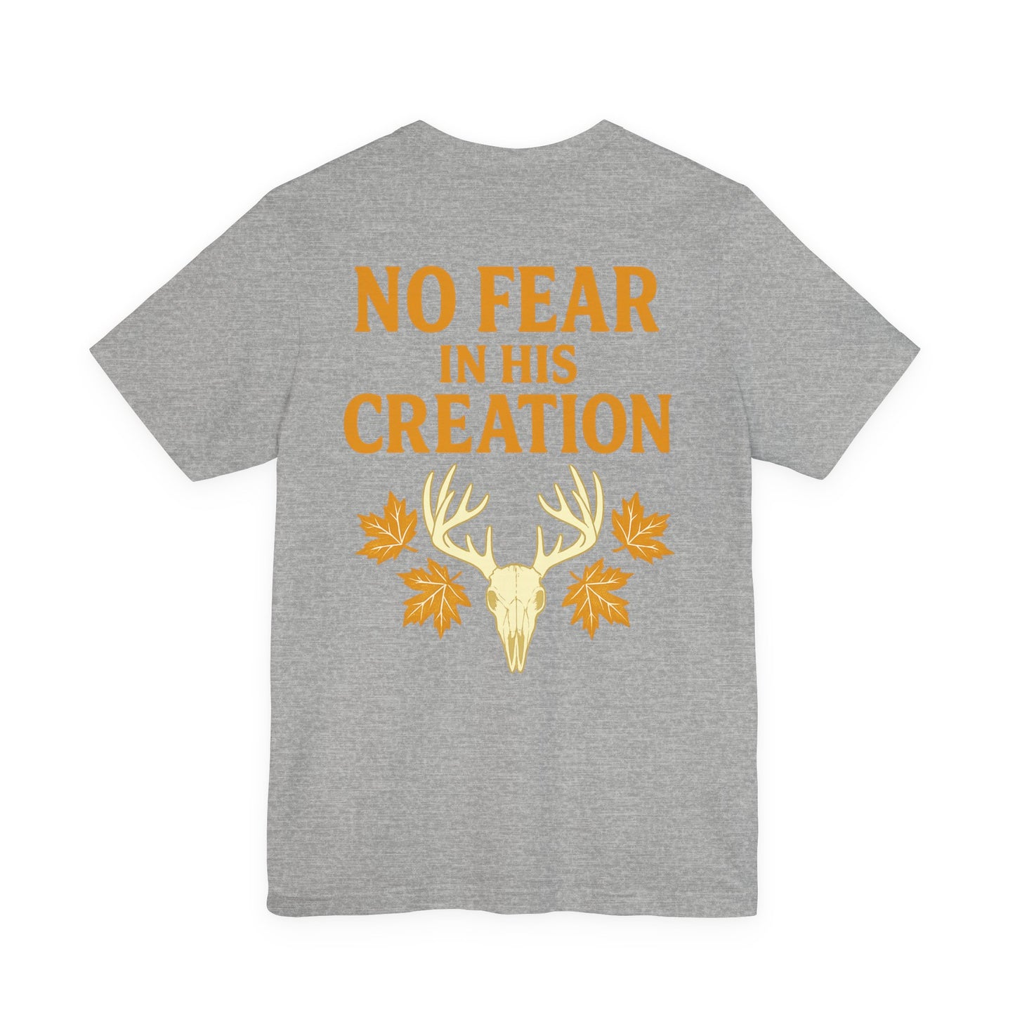 Gray ‘No Fear in His Creation’ Christian hunting t-shirt with yellow deer antler skull design, product mockup on white background.