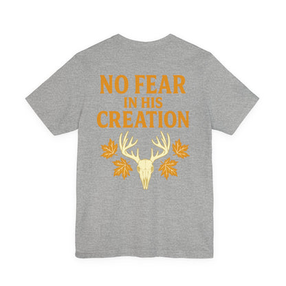 Gray ‘No Fear in His Creation’ Christian hunting t-shirt with yellow deer antler skull design, product mockup on white background.