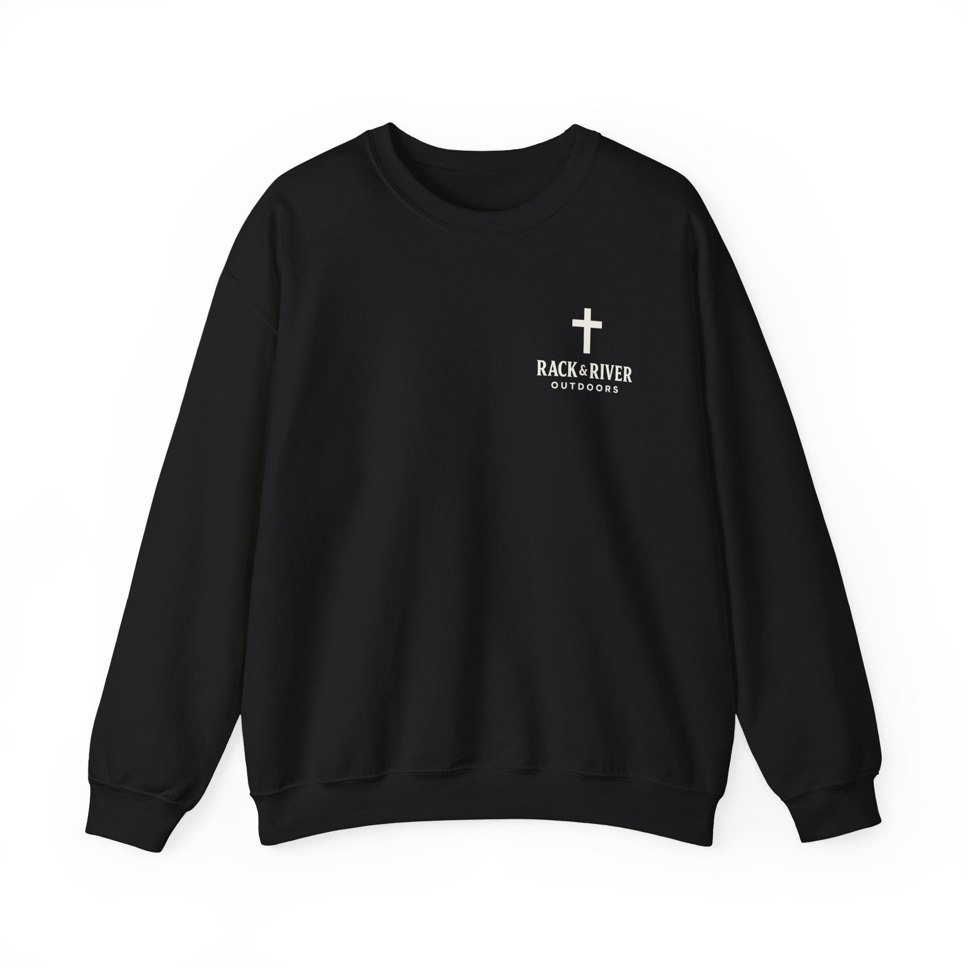 Black unisex crewneck with Rack & River Outdoors chest logo.