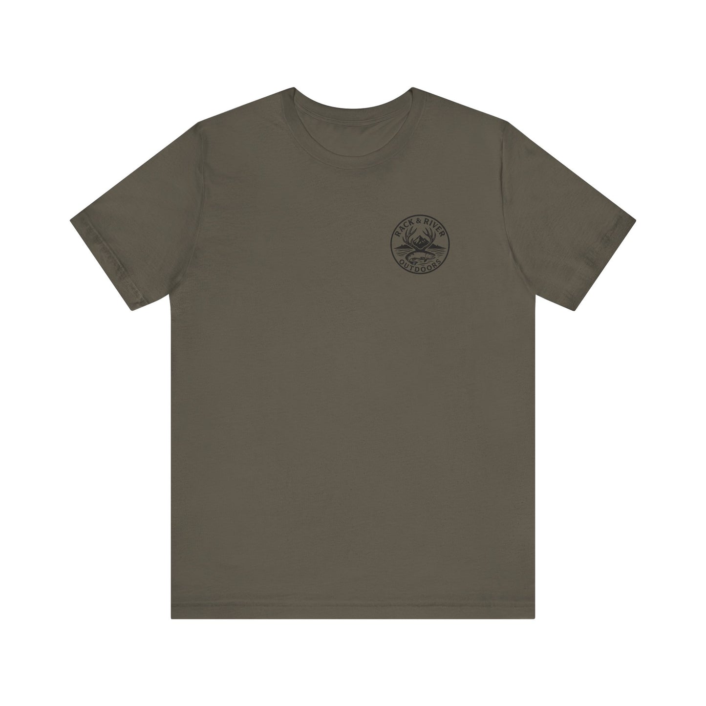 Olive green Rack & River Outdoors t-shirt with small compass chest logo.