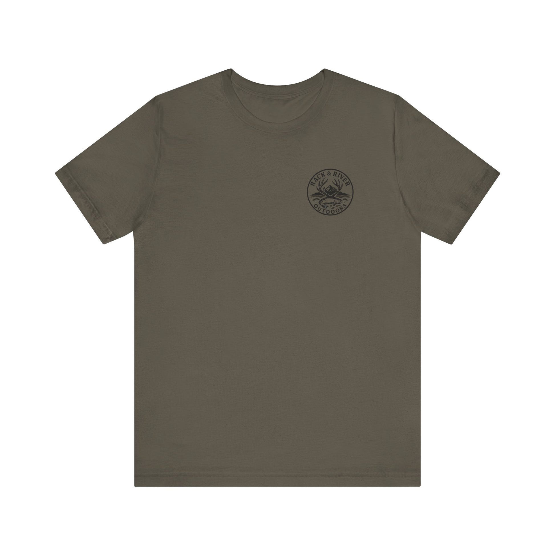 Olive green Rack & River Outdoors t-shirt with small compass chest logo.