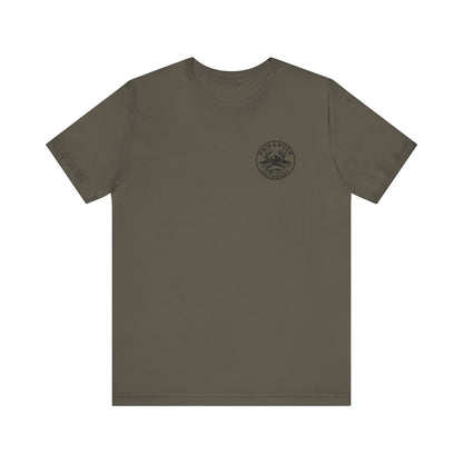 Olive green Rack & River Outdoors t-shirt with small compass chest logo.