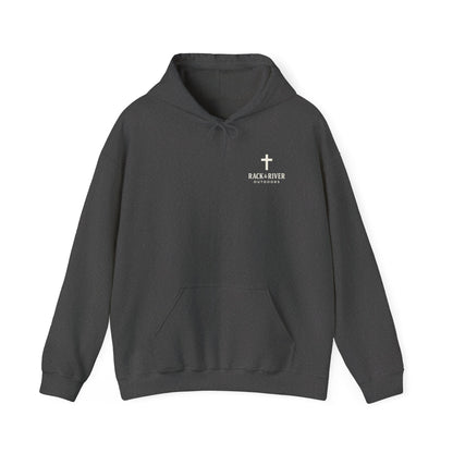 Gray Live The Pursuit hoodie with minimalist faith chest logo.