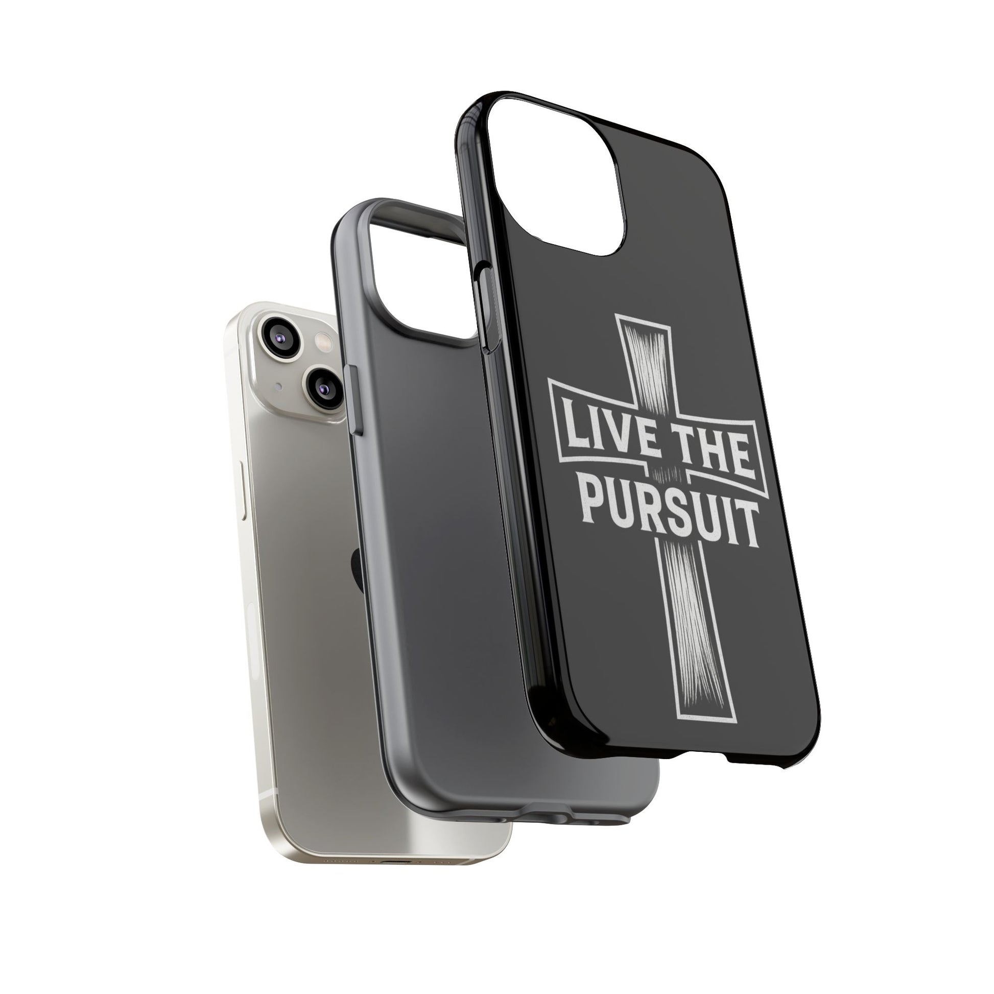 Stacked iPhone and Samsung phone cases featuring the Rack & River Outdoors ‘Live The Pursuit’ cross design.