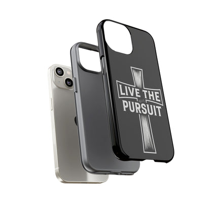 Stacked iPhone and Samsung phone cases featuring the Rack & River Outdoors ‘Live The Pursuit’ cross design.