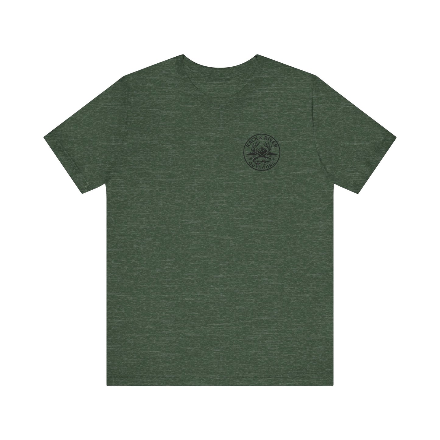 Green Rack & River Outdoors t-shirt with small compass chest logo.