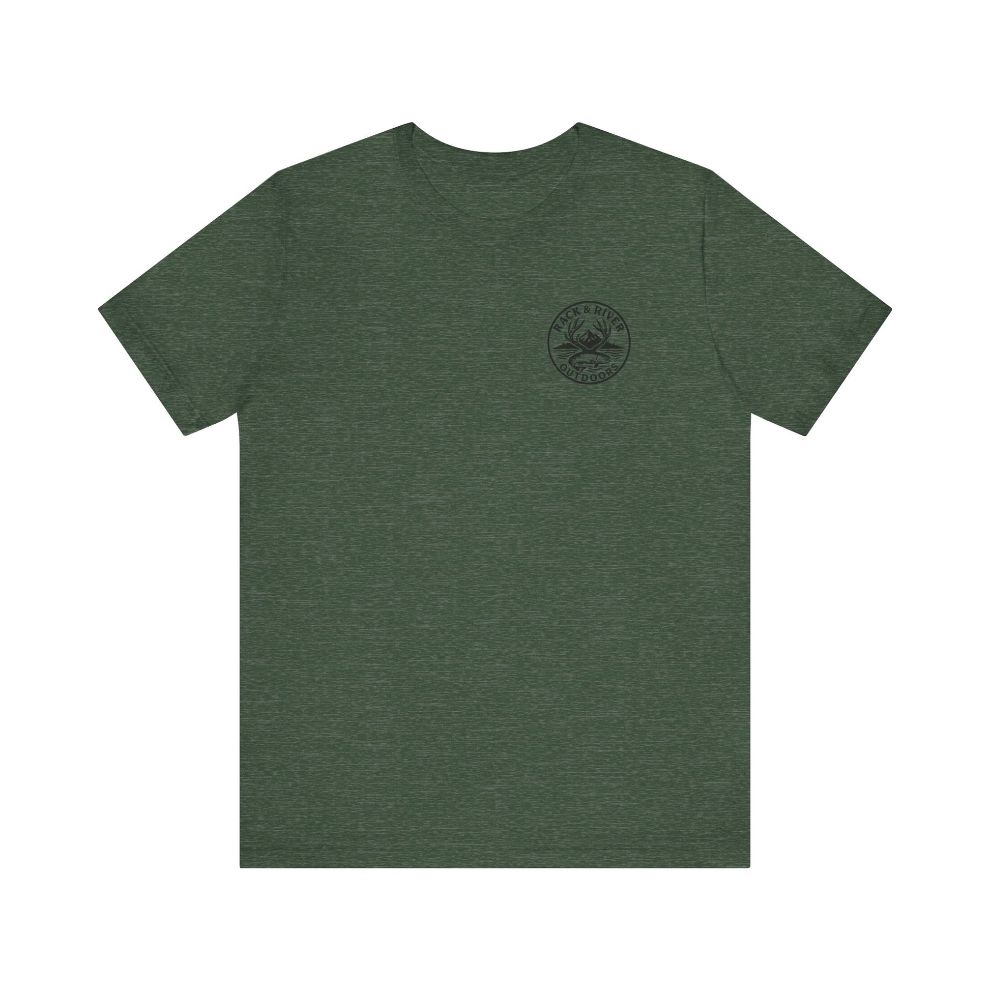 Green Rack & River Outdoors t-shirt with small compass chest logo.